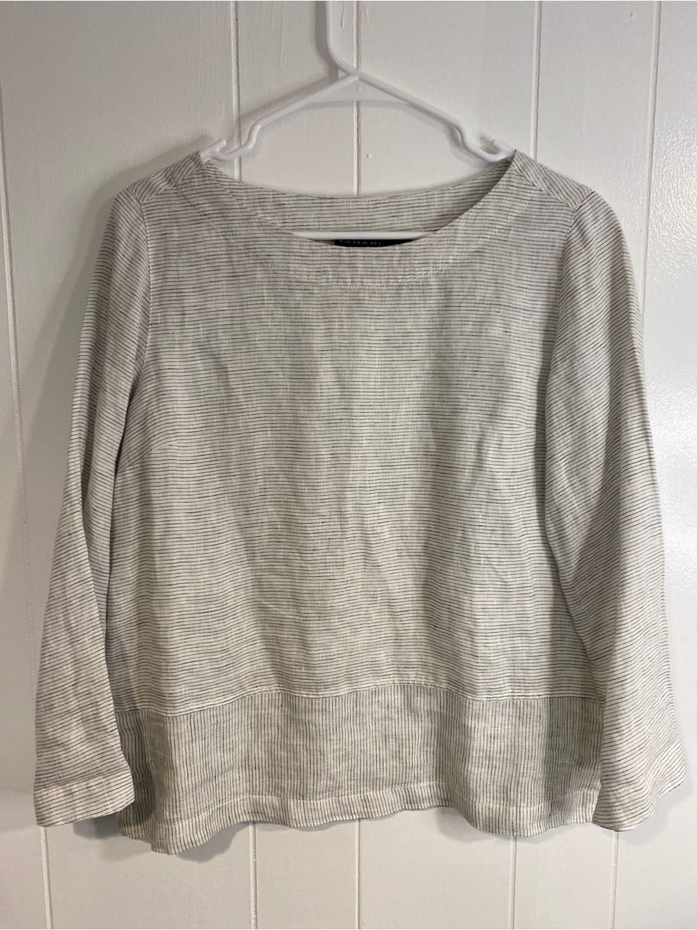Tahari Linen Top | Striped Boxy Blouse | Natural Coastal Relaxed Minimalist | S - Picture 3 of 8